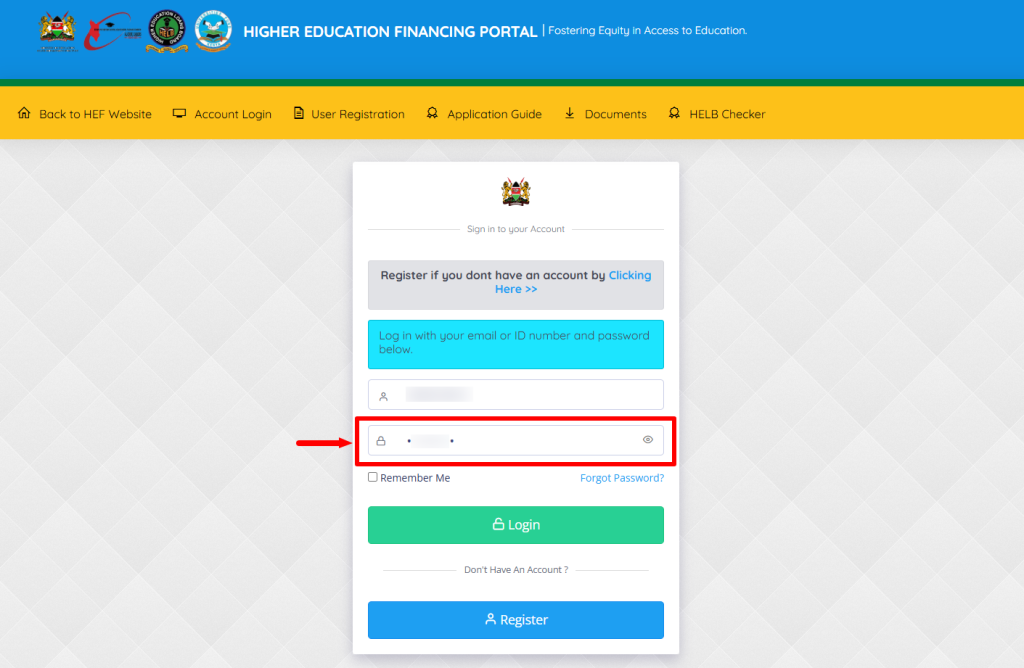 Enter HEF Account Password 