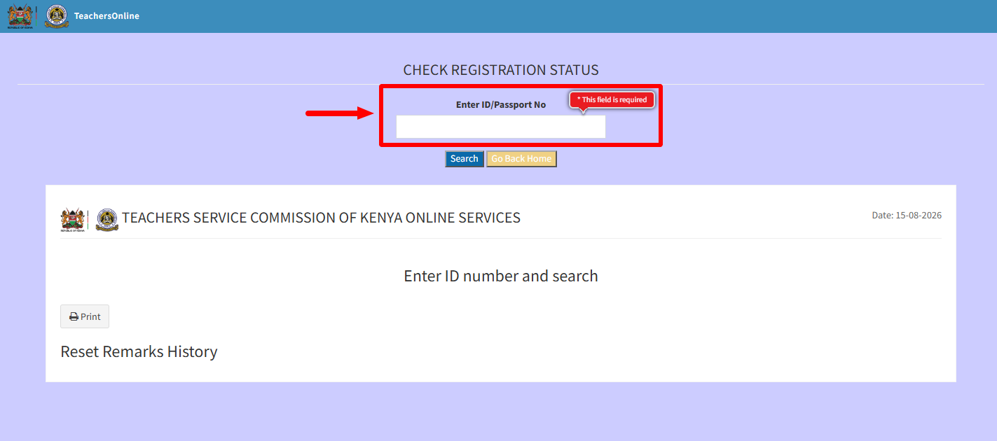 Enter ID Number or Passport Number