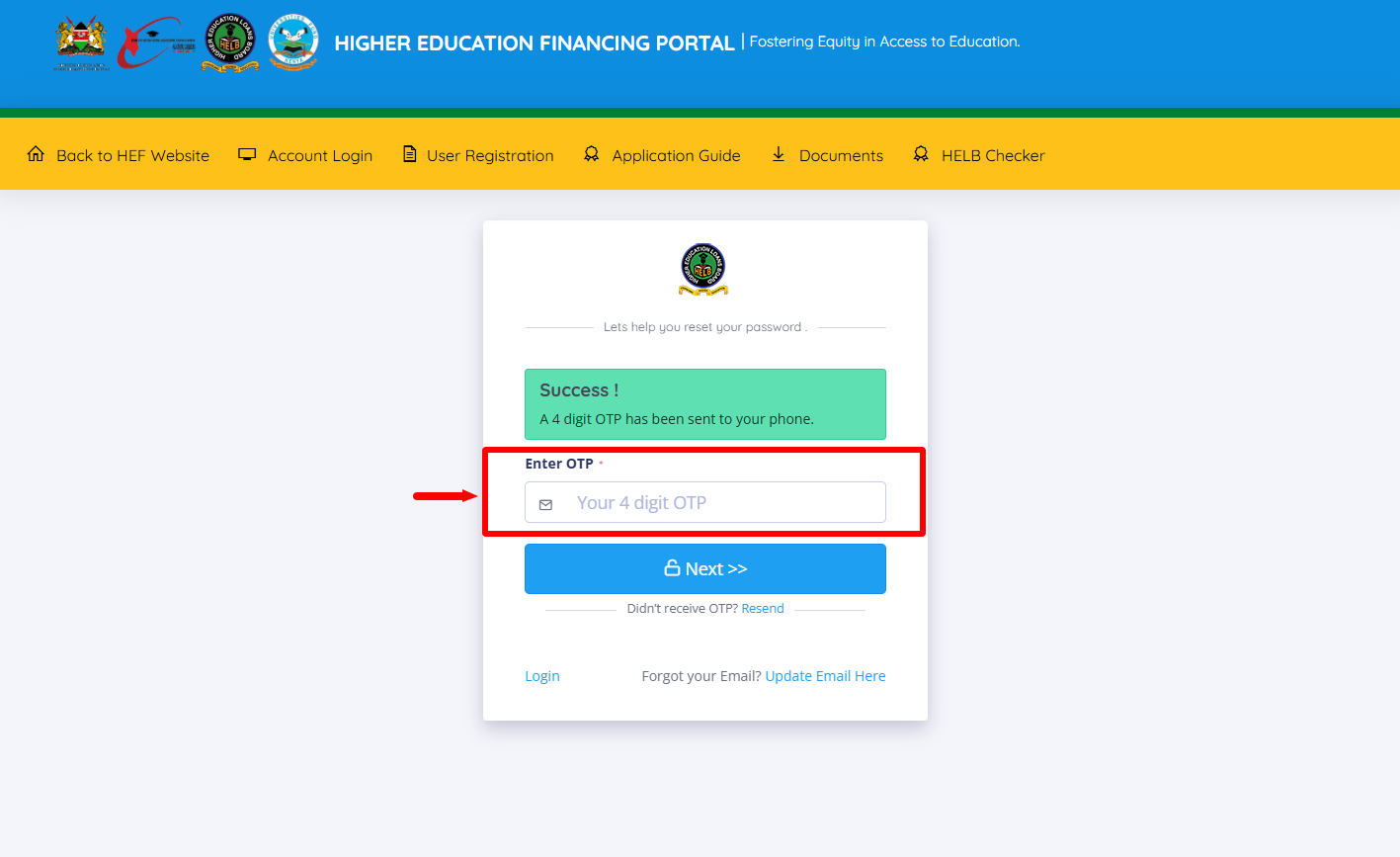 Enter OTP (HELB Password Reset Code)
