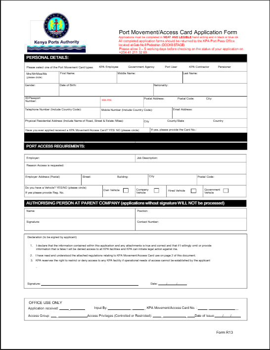 Port Movement - Access Card Application Form