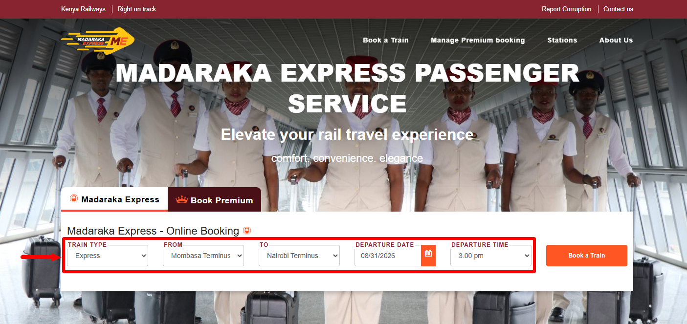 Select Train Type, Destination and Departure Date