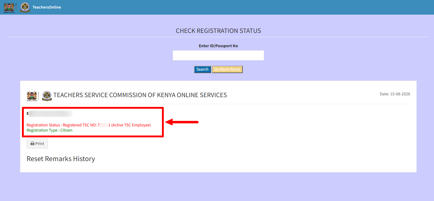 TSC Registration Status Results