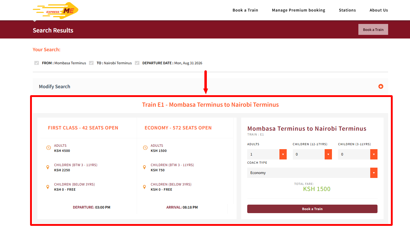 View Train Search Results