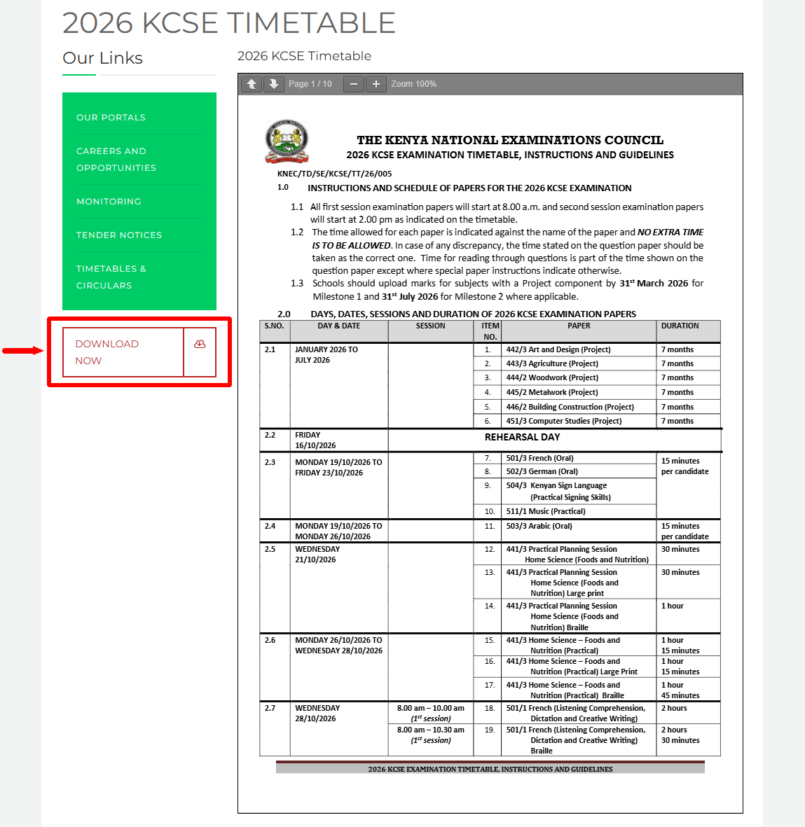 download 2026 kcse timetable
