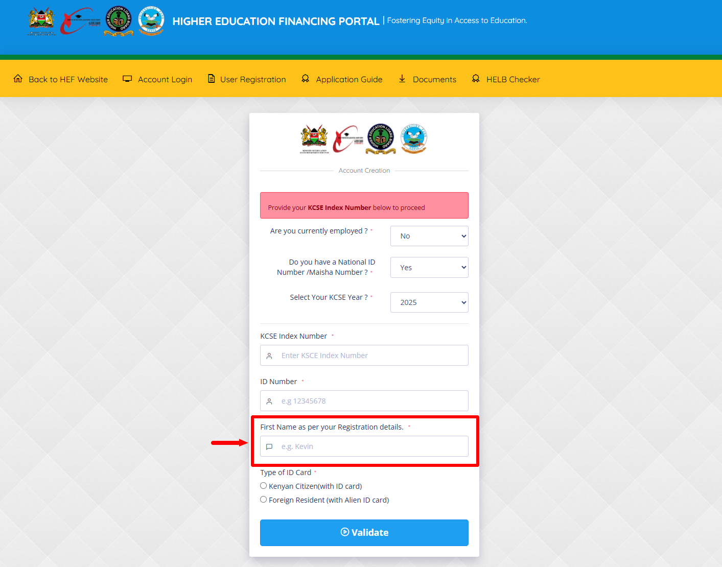 enter first name as per your id card or maisha card