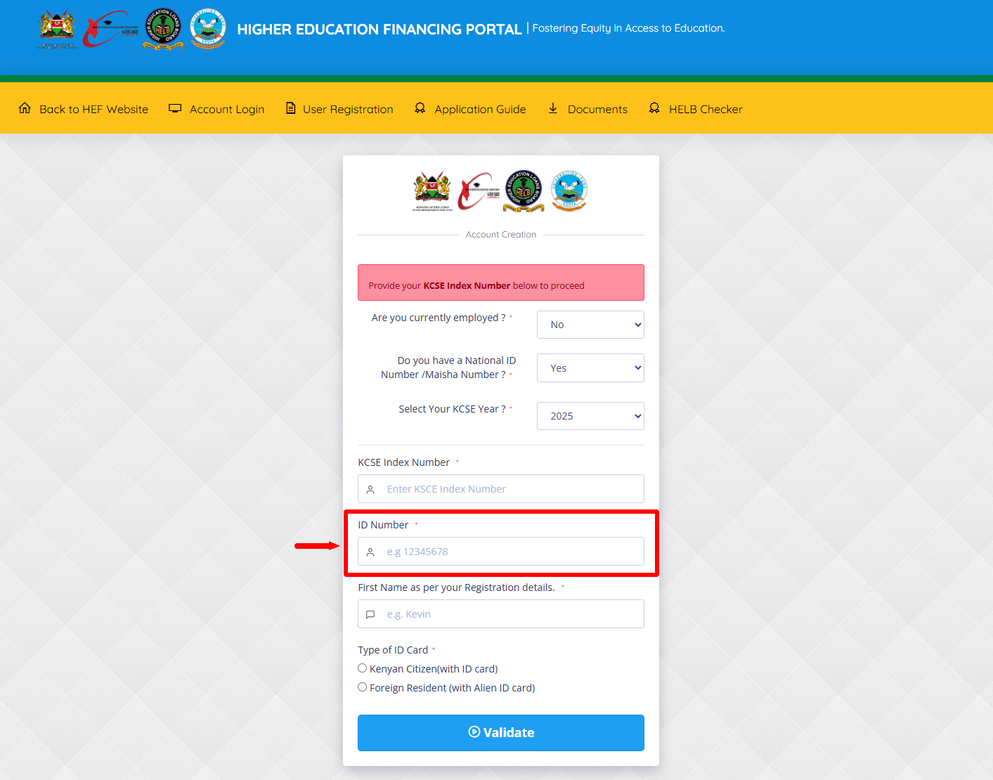 enter id number or maisha number
