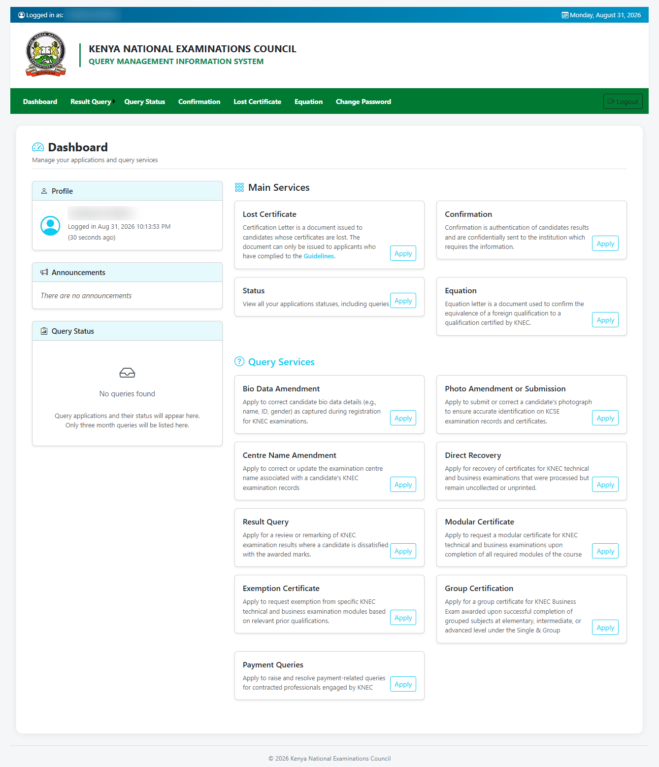 knec qmis portal dashboard