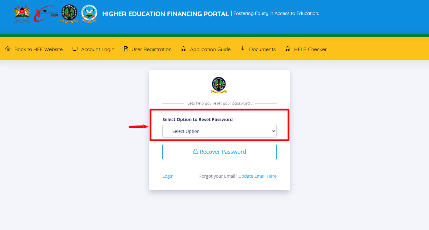 select option to reset hef portal password