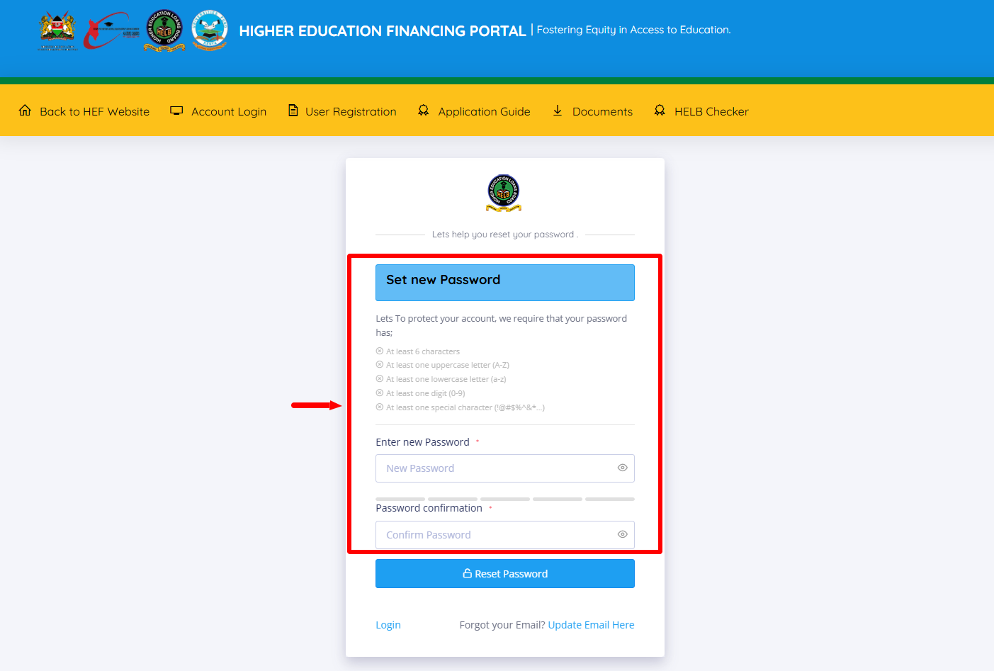 set new hef portal password