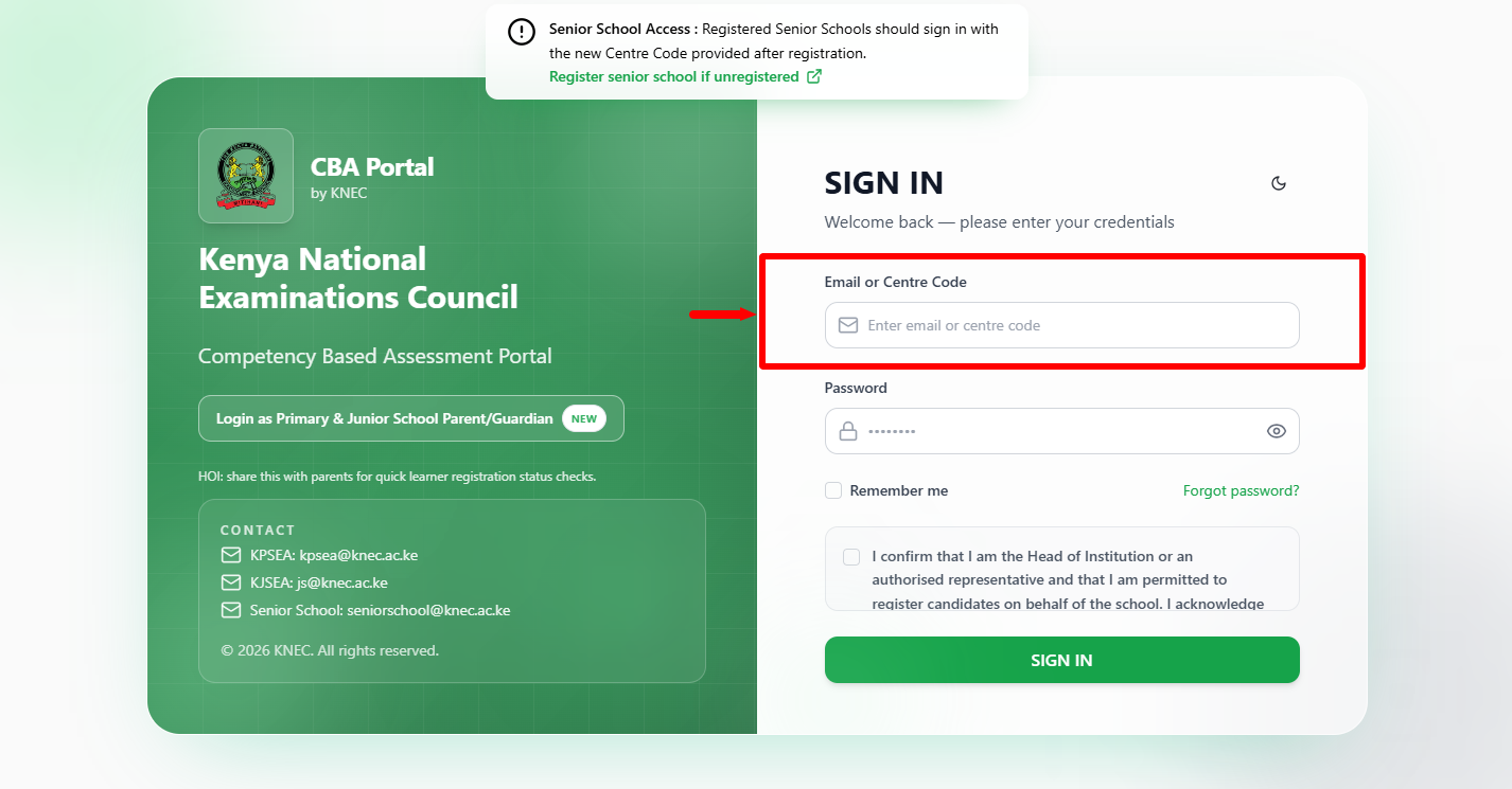 Enter Email or Centre Code