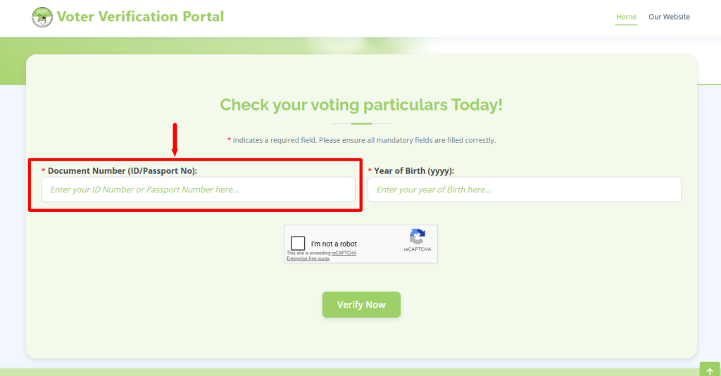 Enter ID Number or Passport Number