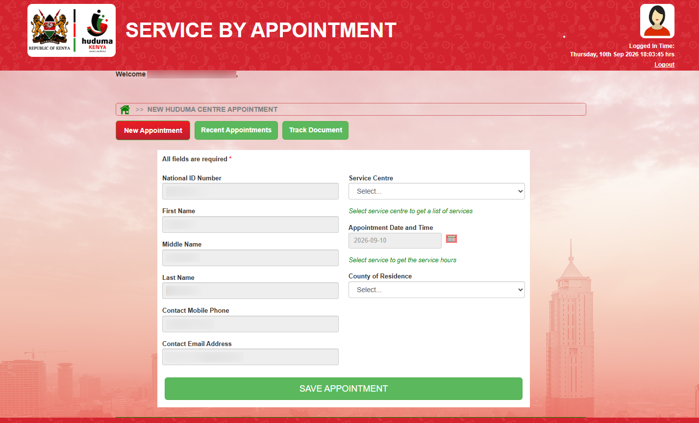 Huduma Centre Appointment Dashboard