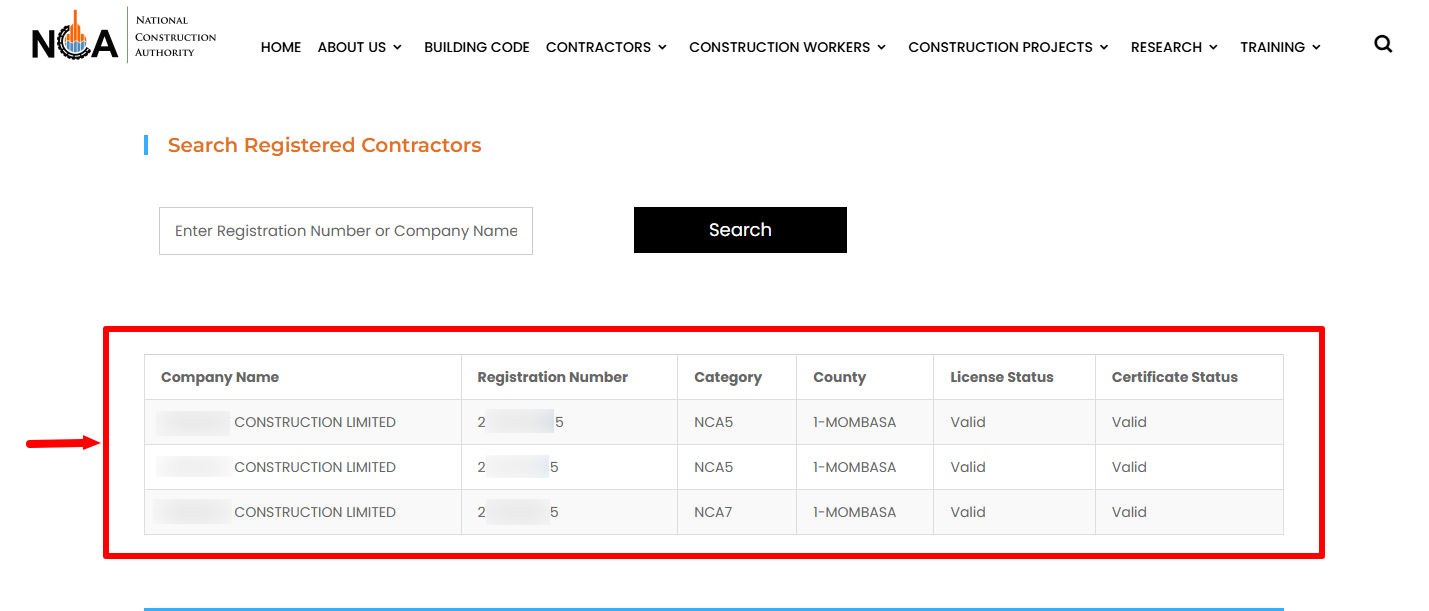 Registered Contractors Search Results