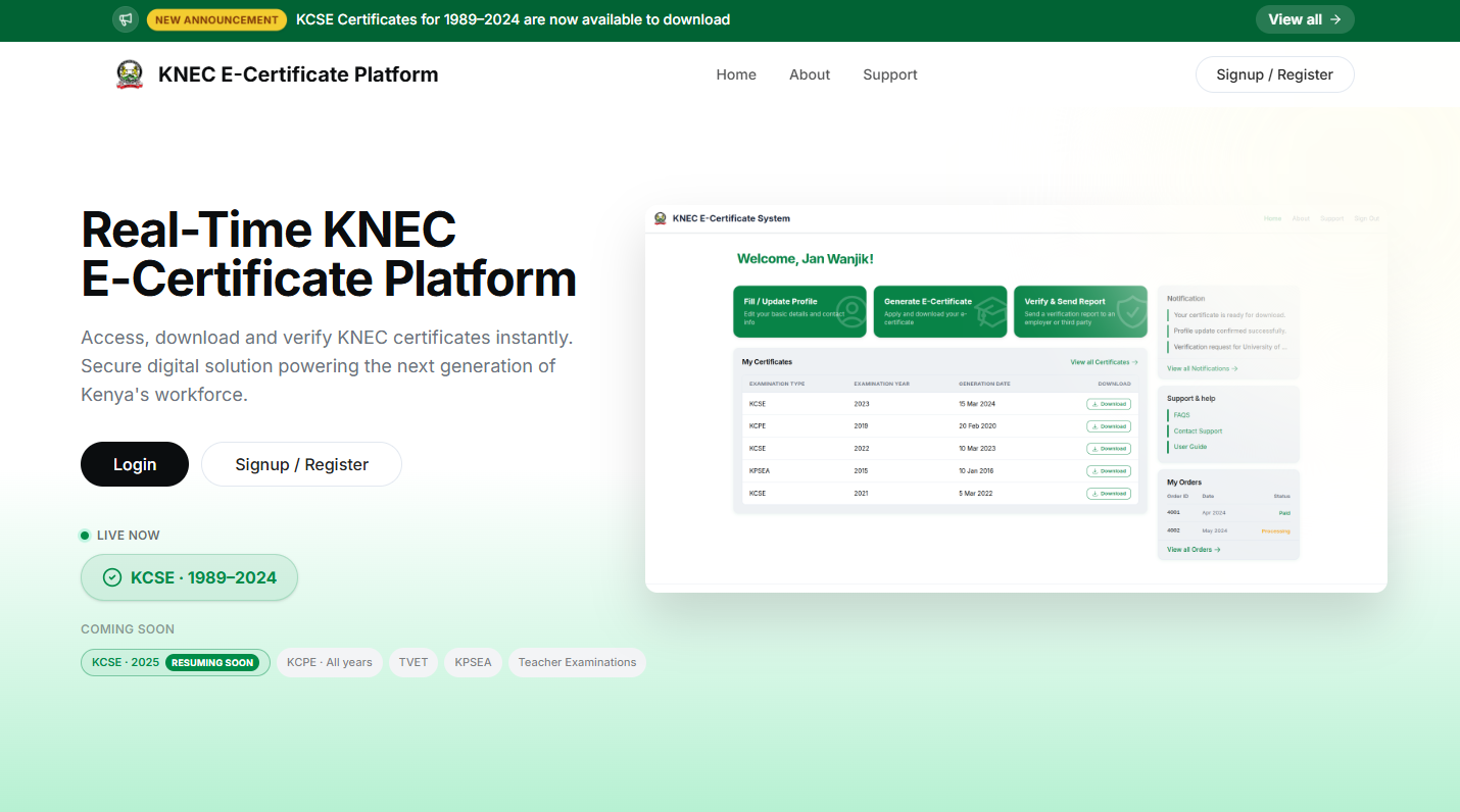 Visit KNEC E-Certificate Platform