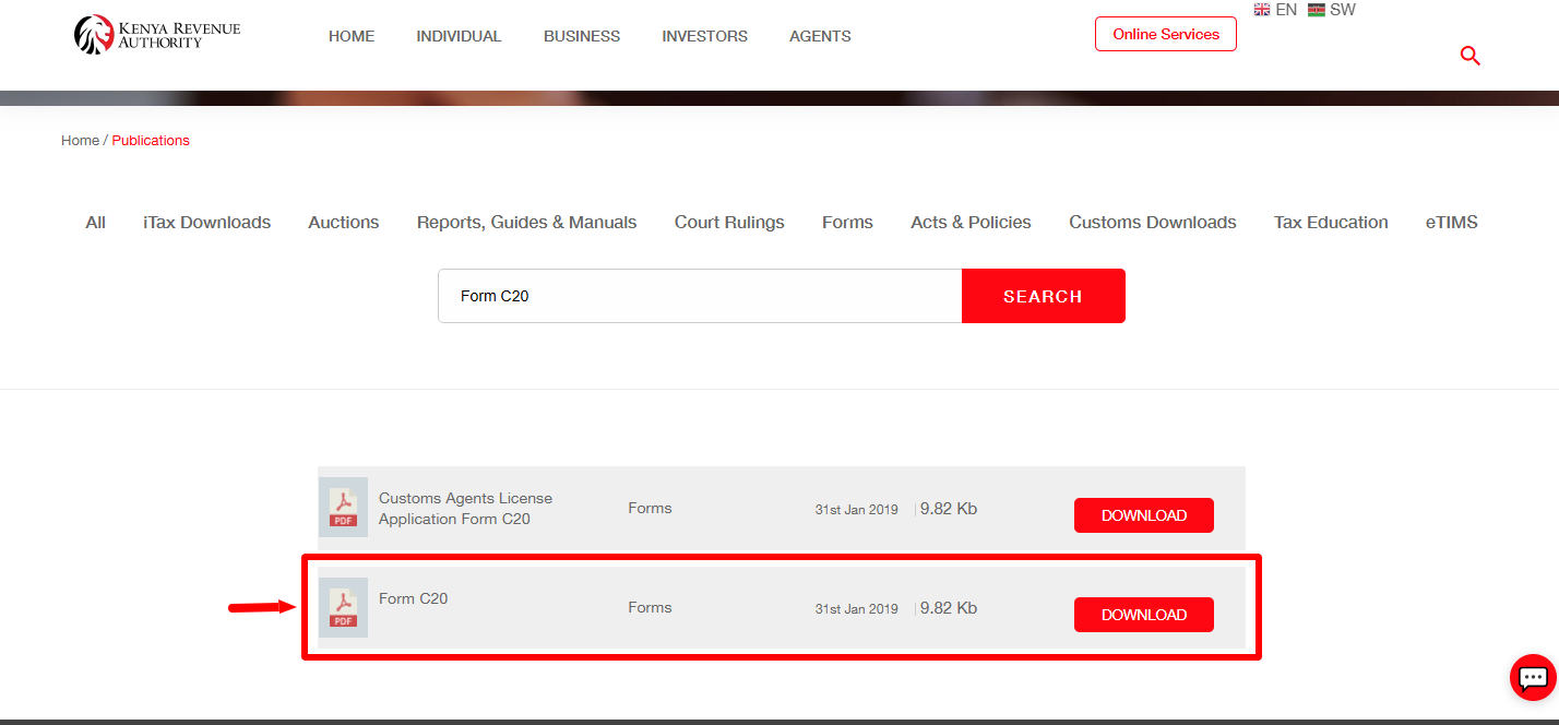 click download kra form c20