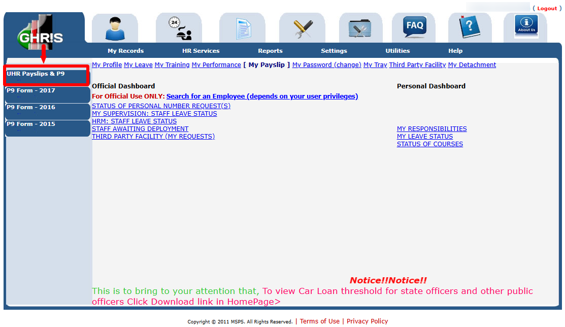 click on UHR Payslips and P9