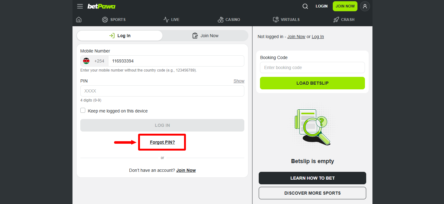 click on forgot betpawa pin