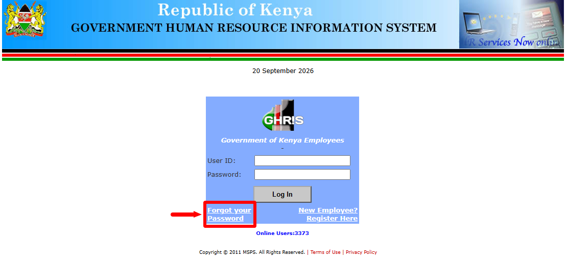 On the GHRIS login section, click Forgot Your Password to begin the process of resetting your GHRIS Password. This option allows you to proceed with the password recovery process if you can no longer access your account using your current password.