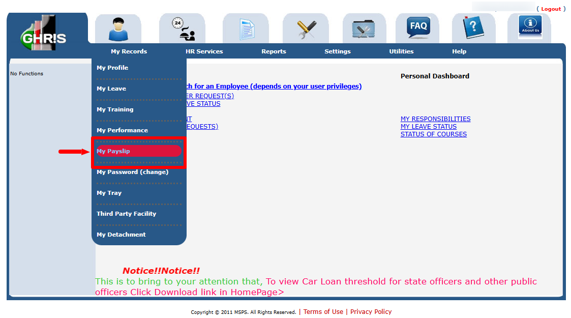 click on my records then click on my payslip