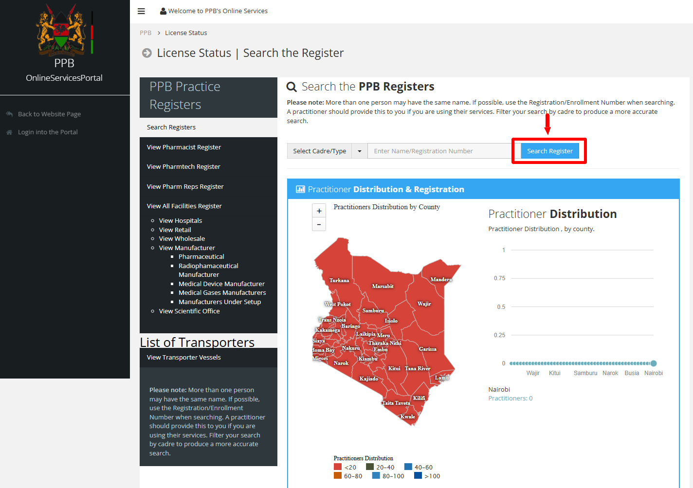 click on search register