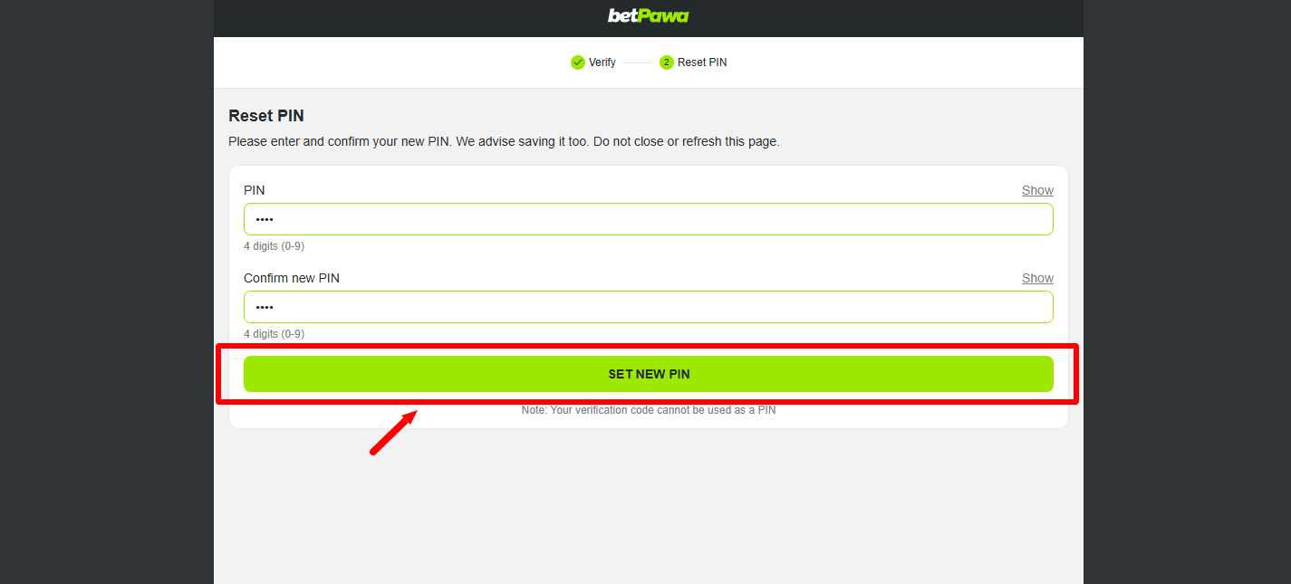 click set new betpawa account pin