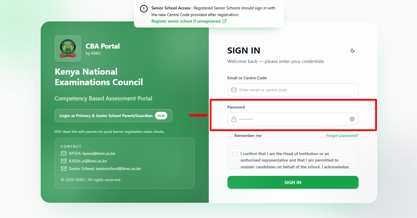 enter knec cba portal password