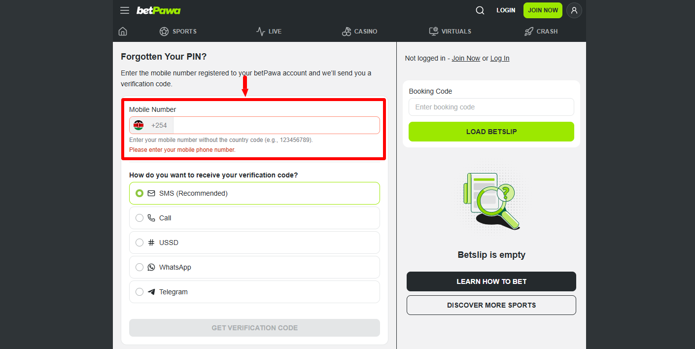 enter mobile number registered on betpawa