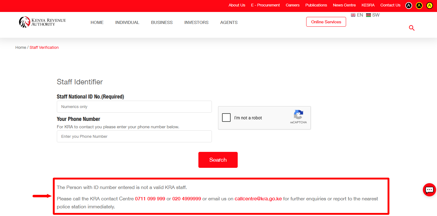 kra staff verification results