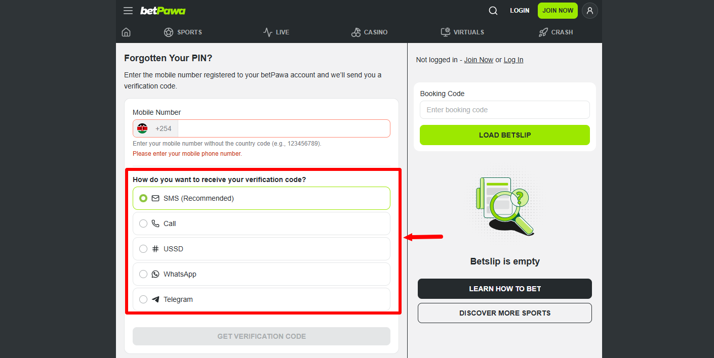 select option to receive betpawa verification code